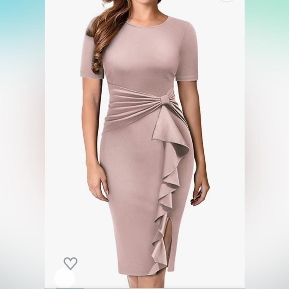 NWT Women's 50s Vintage Ruffle Peplum Cocktail Pencil Knee Dress Pink L